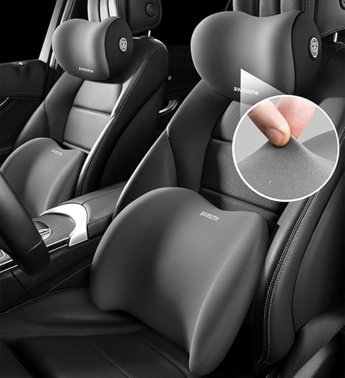 Car Lumbar Support Pillow and Car Neck Pillow Kit, Ergonomic Car Seat Headrest & Lumbar Cushion with Adjustable Strap for Neck Back Pain Relief, for Office Chair/Truck/Wheelchair (Gray)