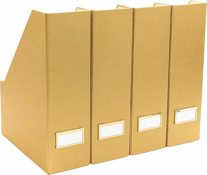 BLU MONACO | Gold Cardboard Magazine File Holder Set of 4 | Vertical Magazine File Holder for Shelves | Standing File Holder Desk Organizer