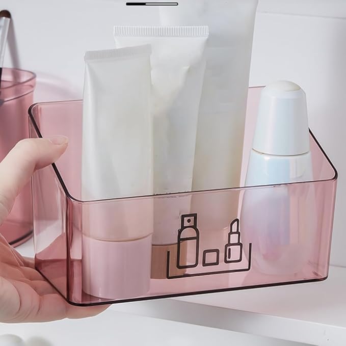 Pink Plastic Cosmetic Organizer Multiple Functions Desk Storage Box Bathroom Desktop Makeup Jewelry Organizer Supplies