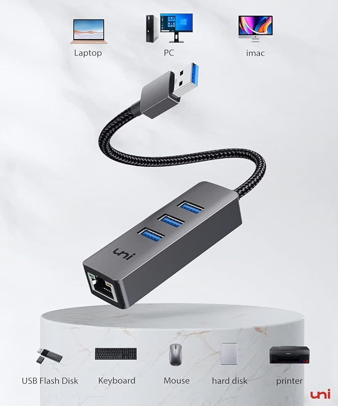 uni USB to Ethernet Adapter, USB 3.0 Hub with 100/1000 Mbps RJ45 Ethernet Driver Free, Sturdy Aluminum 4-in-1 USB-A to LAN Network Adapter Compatible with iMac, PC, Chromebook Laptops, and More