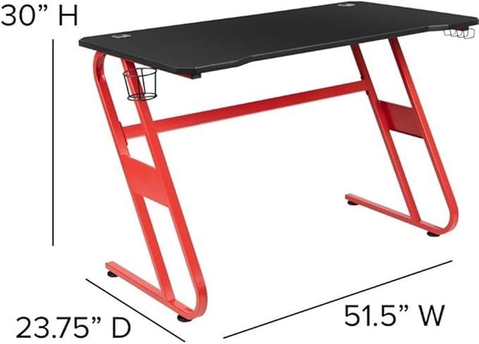 BOWERY HILL 2 Piece Gaming Desk Set, Z-Frame Red and Black Desk with Cup Holder and Headset Hook, High Back Ergonomic Chair with Flip-Up Arms, Dual Monitor Worksurface, Contemporary Gaming Setup