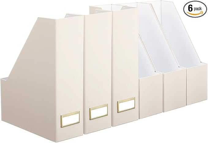 Feifeiya Magazine File Holder Set of 6 Stylish Sturdy Cardboard File Boxes Desk Organizer Beautiful Magazine Holder Rack with Gold Label Holder for Home Office Desktop Bookshelf Classroom(Beige)