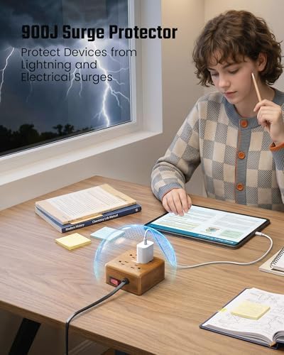 USB Power Strip Surge Protector - SUPERDANNY Desktop Extension Cord with 4 Widely Spaced Outlets & 4 Smart USB Ports, Portable Charging Station for Home, Office, Hotel, Dorm, RV, Faux Walnut Grain