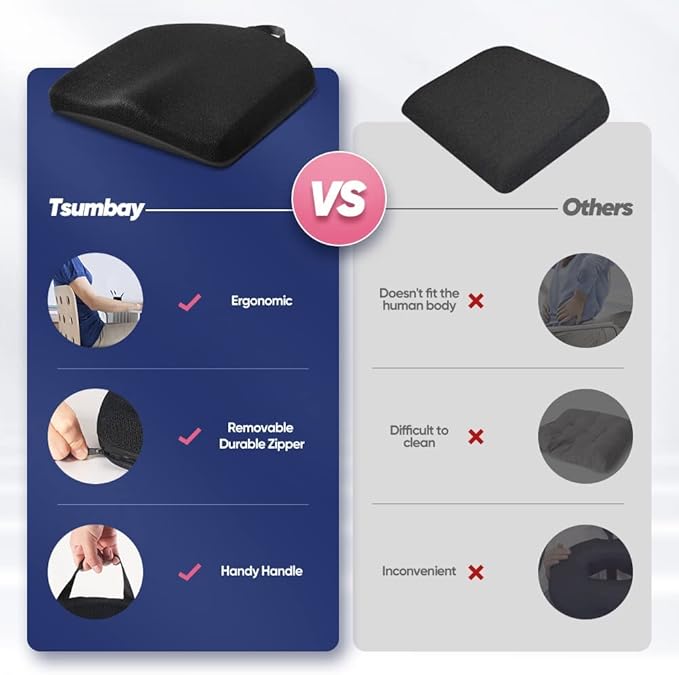 Tsumbay Memory Foam Seat Cushion - XL Size (18.5”x16.5”), Firm Support Coccyx Cushion for Office Chair, Tailbone Pain Relief with Removable Washable Cover & Handle for Car, Wheelchair