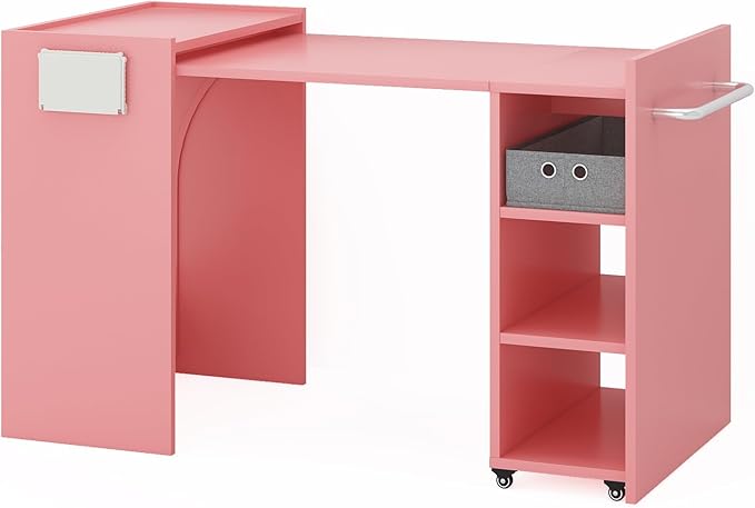 smilesun Folding Dining Table, Wall Mount Foldable Kitchen Table w/Fabric Drawer & Adjustable Storage Shelf, Space Saving Compact Expandable Pull Out Table for Small Spaces, Pink