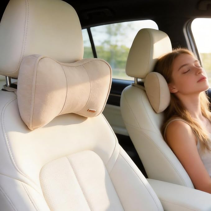 Carwales Car Neck Cushion Recliner Headrest Pillow for Office Chair Couch Memory Foam Lower Back Support Lumbar Pain Relief Ergonomic Design Extension Adjustable Strap Fits Driving Car Tan 1 Pack