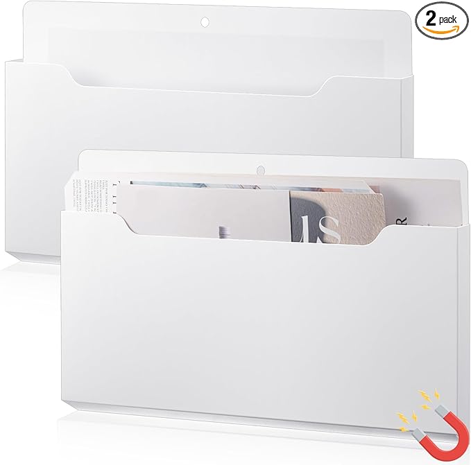 Feifeiya 2 Pcs Magnetic File Folder Wall Hanging Holder Large Pocket Paper Magazine Mail Organizer for Refrigerator Classroom Locker Whiteboard(Horizontal,White Color,13.8 x 8.3 Inches)