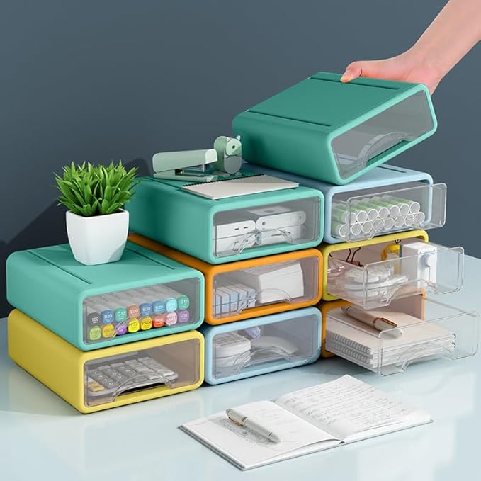 Plastic Desktop Drawer Organizer, Small 4-Tier Stackable Storage Drawers, Mini Desk Organizer for Office Stationery Makeup Vanity Supplies