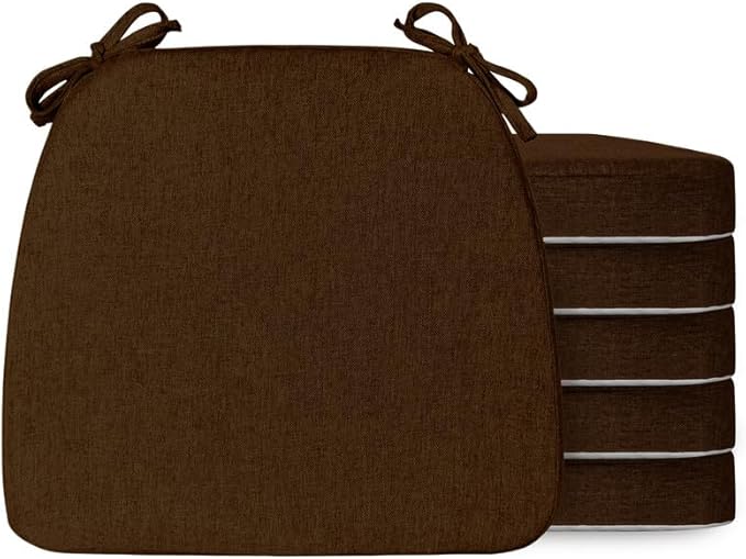 Chair Cushions Set of 6, D-Shaped Seat Cushion for Chair, Non Slip Chair Pads with Ties, 17" x 16" x 2", 40D Foam, Removable Washable Cover, Seat Cushions for Kitchen Chairs, Brown