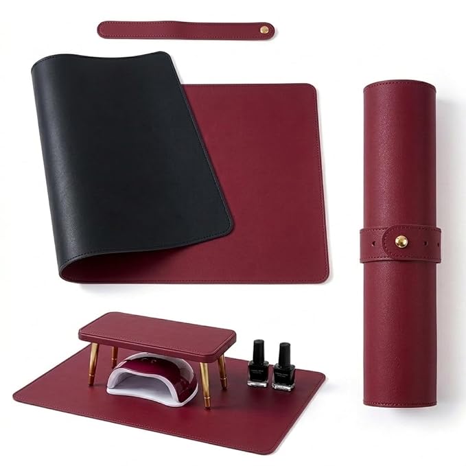 Double Sided Nail Art Table Mat, Soft Microfiber Leather Nail Hand Rest Mat, Waterproof Nail Arm Rest, Nail Mat for Manicure Table Nail Technician, for Desk, Dining Table, Black & Red (MAT ONLY)