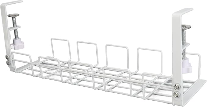 Zerodis Storage Racks Wire Management Tray Cable Management Rack No Drill Steel Cable Tray Organizers Metal Cord Organizer with Clamp for Standing Desk Under Desk Under (White)