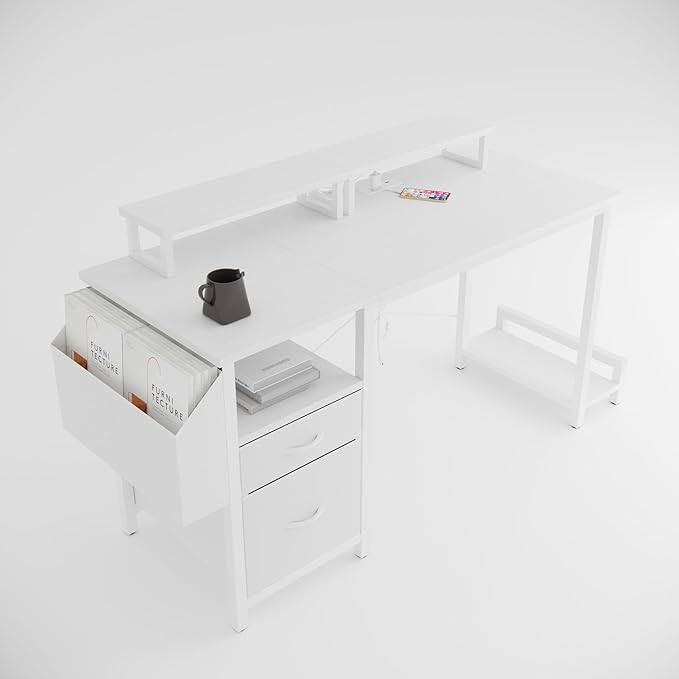 Home Office Desk with Side Pocket and Drawers, Modern Computer Desk for Small Space Bedroom, 47 Inch Gaming Desk with Power Outlet & 2 Movable Monitor Shelves (White)