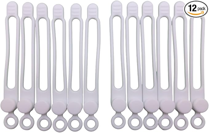 Set of 12 White Silicone Cable Straps Organizer, Wire Management Ties for Bundling Phone Charger Cables, Earphones, Computer Cords, Organize Home Office (White12)