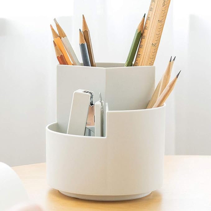 Rotating Art Supply Organizer, Pen Holder 3 Compartments, School Supplies Organizer for Pen, Colored Pencil, Art Brushes, Gift for Teachers, Classmates, and Friends,White