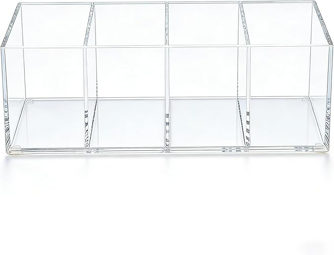Clear 4-Compartment Organizer Box, 9.4" 3.6" 2.9" Multi-Purpose Desktop Caddy for Pens, Makeup Brushes, Office Supplies, Bathroom Countertop Storage