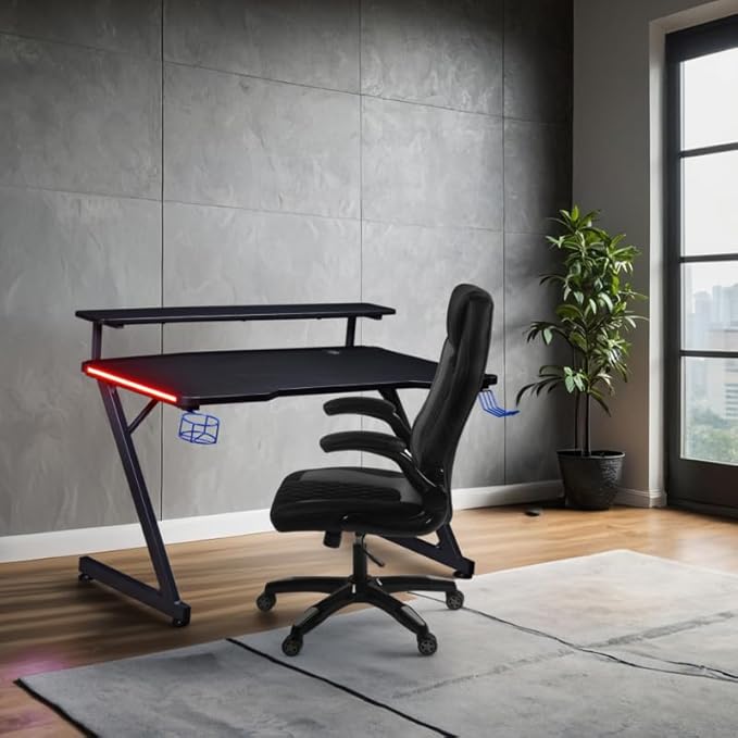 Aon Gaming Desk & Gaming Chair Set – LED Carbon Fiber Desk with Riser Shelf and Ergonomic Racing-Style Gaming Chair, Black/Grey