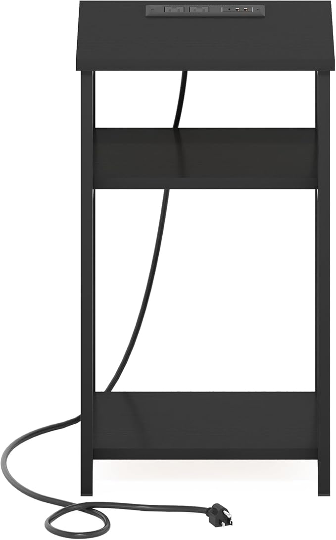 Furinno Moretti Side Table, 3-Tier Modern End Table with Charging Station, Metal Frame Night Stand, Bedside Table with USB and Type-C Port, for Living Room, Bedroom, Americano
