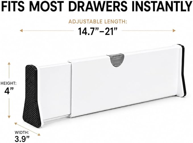 Adjustable Drawer Dividers – Expandable 14.7–21” Drawer Organizer with Non-Slip Ends, Easy Install for Kitchen, Dresser & Closet Storage (“White”)