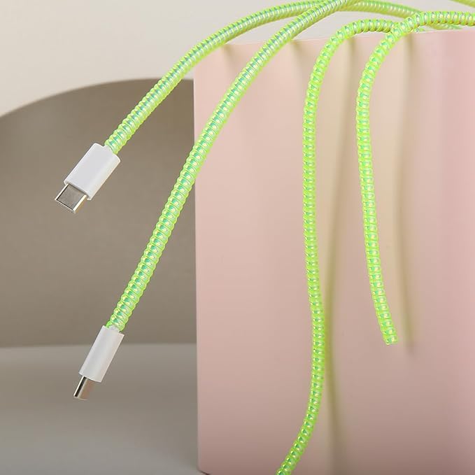 4pcs 1.6M(5.25FT) Spiral Cable Protector, Multicolor Suitable for Most Phone/Pad/Laptop USB Wire Cord Savers Protection Cover Anti-Break Wrap Charger Data Line Cables Sleeves, Laser Green