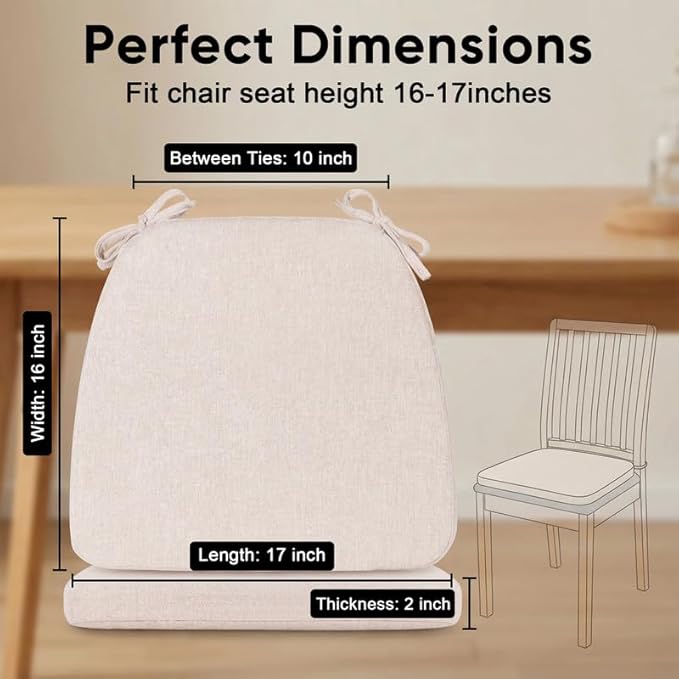 Chair Cushions Set of 6, D-Shaped Seat Cushion for Chair, Non Slip Chair Pads with Ties, 17" x 16" x 2", 40D Foam, Removable Washable Cover, Seat Cushions for Kitchen Chairs, Beige