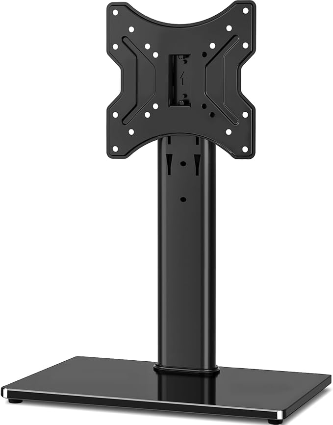 Rfiver Universal Swivel Tabletop TV Stand for Flat Screens 23 24 26 32 39 40 42 43 Inch, Heavy Duty Center Pedestal Stand Replacement with Black Tempered Glass Base and Height Adjustable Mount