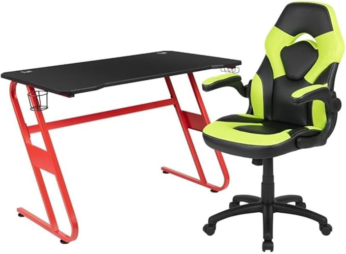 BOWERY HILL 2 Piece Gaming Desk Set, Z-Frame Red and Green Finish, Black Laminate Top, Includes Ergonomic High Back Chair with LeatherSoft Upholstery, Cable Management, Cup Holder, Dual Monitor