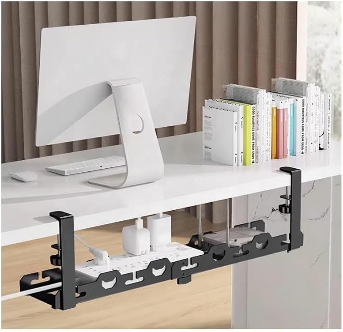 Under Desk Cable Management Tray - No-Drill Clamp-On Organizer for Desk Wires & Cords - Single Rack Mount, Steel - Multiple