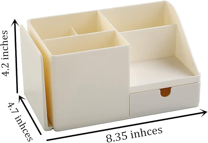 Desk Organizer with Bookshelf White Desktop Organizers and Accessories Bookends Multifunctional Office Stationary Organizer with Drawer Plastic Makeup Storage Box (Small, Beige)