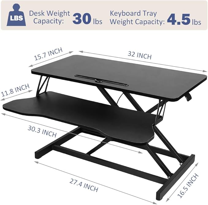 Standing Desk Converter 32 Inch, Height Adjustable Sit-Stand Workstation, Dual Monitor Riser with Wide Keyboard Tray - Office & Home Use, Black (Black)
