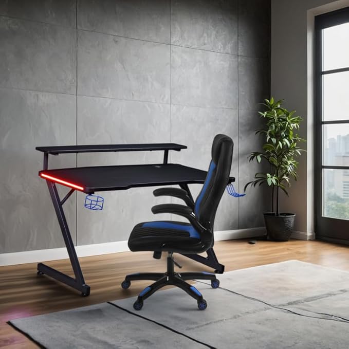 Aon Gaming Desk & Gaming Chair Set – LED Carbon Fiber Desk with Riser Shelf and Ergonomic Racing-Style Gaming Chair, Black/Blue