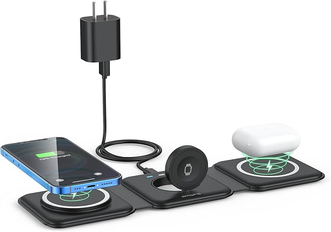 Wireless Charger 3 in 1,RTOPS Magnetic Traval Wireless Charging Station Multiple Devices,GaN 3 in 1 Charging Station,Compatible iphone17/16/15/14/13/Pro/Max,iWatch,AirPods4/3/2/Pro(Adapter Includes)