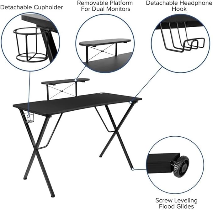BOWERY HILL 2 Piece Gaming Desk Set with Monitor Stand, Black and Red, 51.5" W Desk and Adjustable Gaming Chair, Cable Management, Cup Holder, Headset Hook, Ergonomic Lumbar Support for Gaming Setup