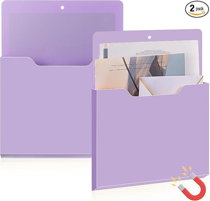 Feifeiya 2 Pcs Magnetic File Folder Wall Hanging Holder Large Pocket Paper Magazine Mail Organizer for Refrigerator Classroom Locker Whiteboard(Vertical,Purple Color,12.2 x 9.4 Inches)