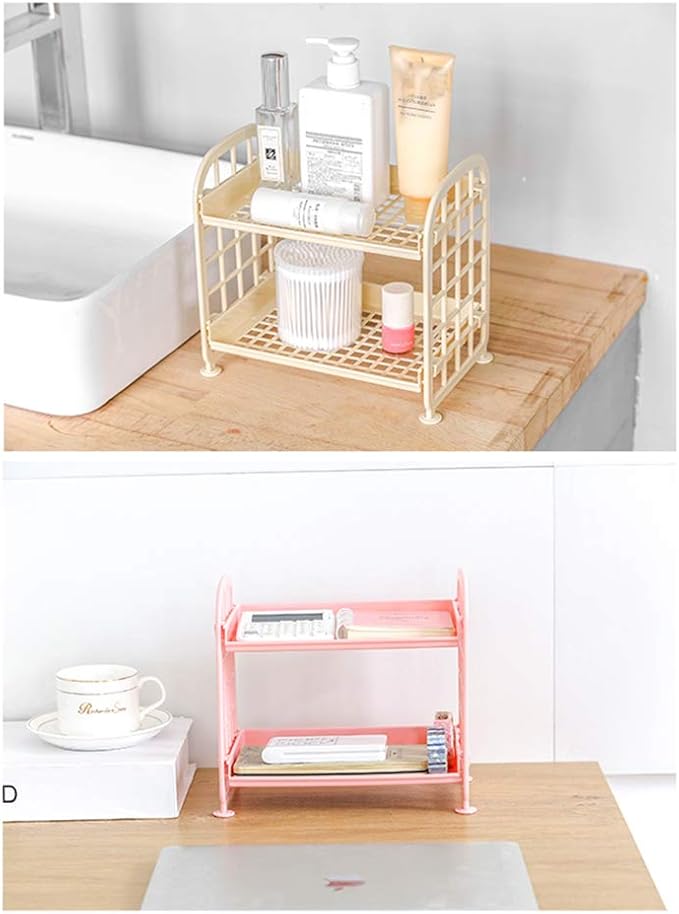 UnnFiko 2-Layers Table Shelf Organizer, Adjustable Plastic Storage Rack Shelf Square Basket Desk Stand Table Storage Organizer Shelves (Green)