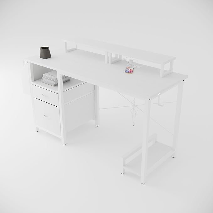 Home Office Desk with Side Pocket and Drawers, Modern Computer Desk for Small Space Bedroom, 47 Inch Gaming Desk with Power Outlet & 2 Movable Monitor Shelves (White)