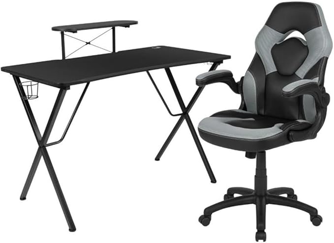 BOWERY HILL 2 Piece Gaming Desk Set with Monitor Stand, Black and Gray Finish, Ergonomic Desk and Chair Combo, Cable Management, Cup Holder, Headset Hook, Adjustable Contemporary Design for Gamers