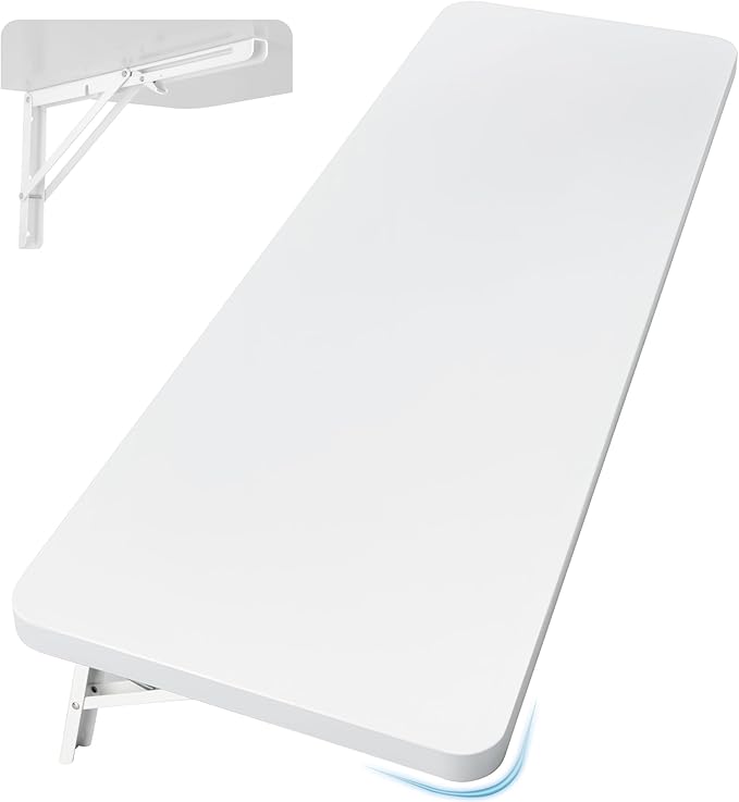 Neoaider Wall Mounted Folding Table 47.2”L x 19.7”W, Laundry Folding Table with Heavy Duty Metal Collapsible Shelf Brackets, Wall Mounted Desk Fold Down for Small Spaces, White