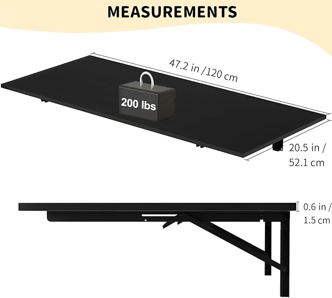 GOYLSER Wall Mounted Folding Table for Office, Fold Down Desk Laundry Folding Table Wall Mounted for Laundry Room/Home Kitchen, Length 47" Width 20.5", Black
