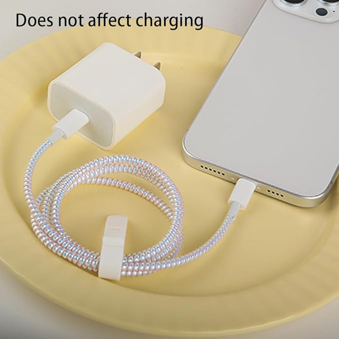 4pcs 1.6M(5.25FT) Spiral Cable Protector, Multicolor Suitable for Most Phone/Pad/Laptop USB Wire Cord Savers Protection Cover Anti-Break Wrap Charger Data Line Cables Sleeves, Laser White