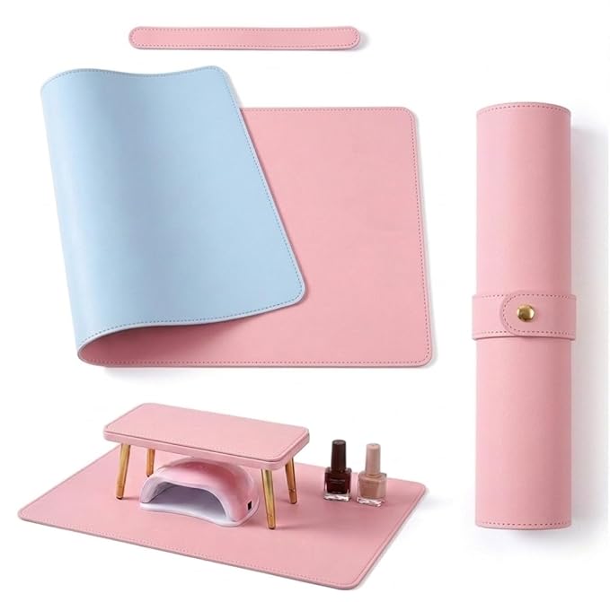 Double Sided Nail Art Table Mat, Soft Microfiber Leather Nail Hand Rest Mat, Waterproof Nail Arm Rest, Nail Mat for Manicure Table Nail Technician, for Desk, Dining Table, Pink & Blue (MAT ONLY)