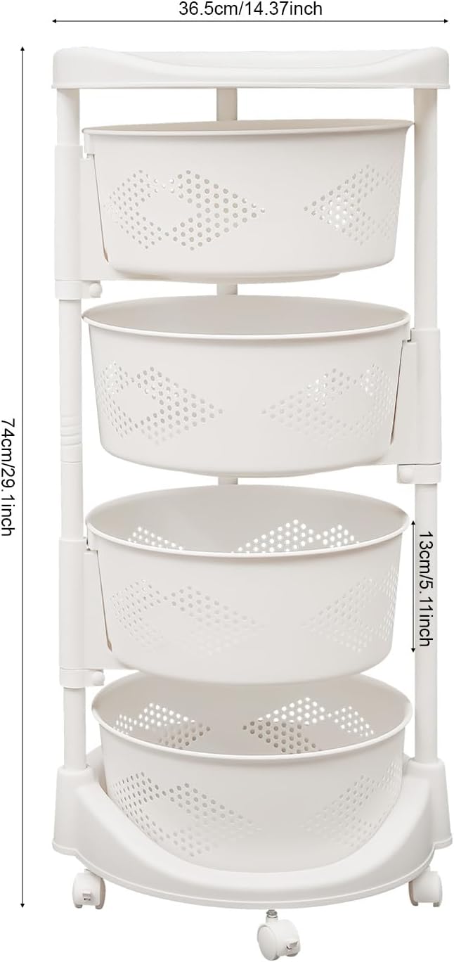 Fruit Basket for Kitchen, 4 Tier Circular Rotating Basket Large Storage Rack with Wheels, Standing Shelf Storage, Multi-Layer Storage Shelves with Top Lid for Living Room, Office, White (4-Tier)