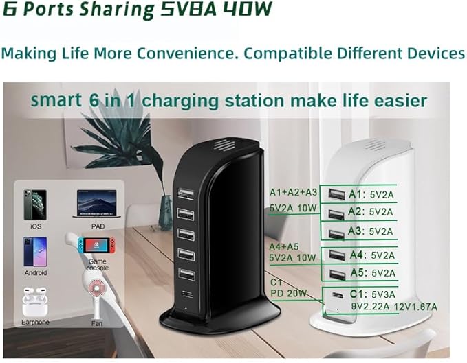USB Charging Station for Multiple Devices, 40W Multiport Charger Tower, USB-C Port Supports PD Quick Charge Compatible with iPhone, Smartphones, Tablets and Other Devices (Black)