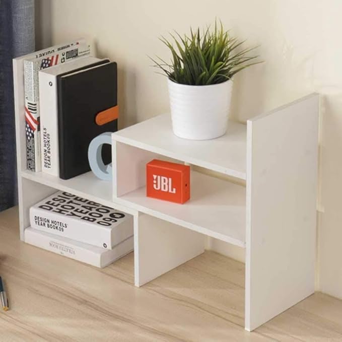 Mmdipon Small Wood Adjustable Desktop Bookshelf, Expandable Storage Rack, Display Shelf, Office Supplies Organizer (White)