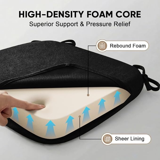 Chair Cushions Set of 4, D-Shaped Seat Cushion for Chair, Non Slip Chair Pads with Ties, 17" x 16" x 2", 40D Foam, Removable Washable Cover, Seat Cushions for Kitchen Chairs, Black