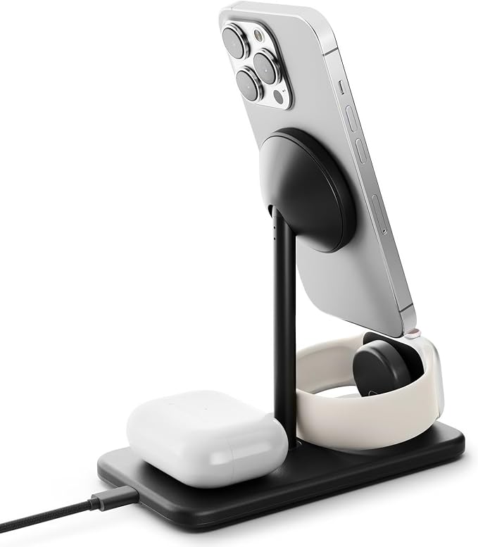 Twelve South HiRise 3 Deluxe Twelve South 3-in-1 MagSafe + Qi2 Charging Stand for iPhone, Watch, and AirPods, Black