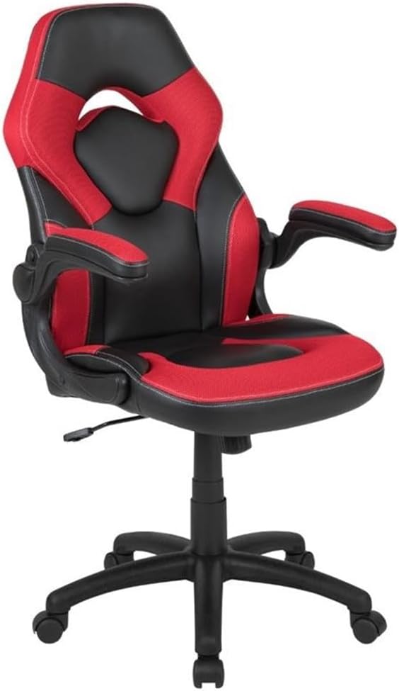 BOWERY HILL 2 Piece Gaming Desk Set, Black Laminate Top, Red Z-Frame, Includes Ergonomic High Back Chair with Flip-Up Arms, Cable Management, Cup Holder, and Headset Hook, Contemporary Style