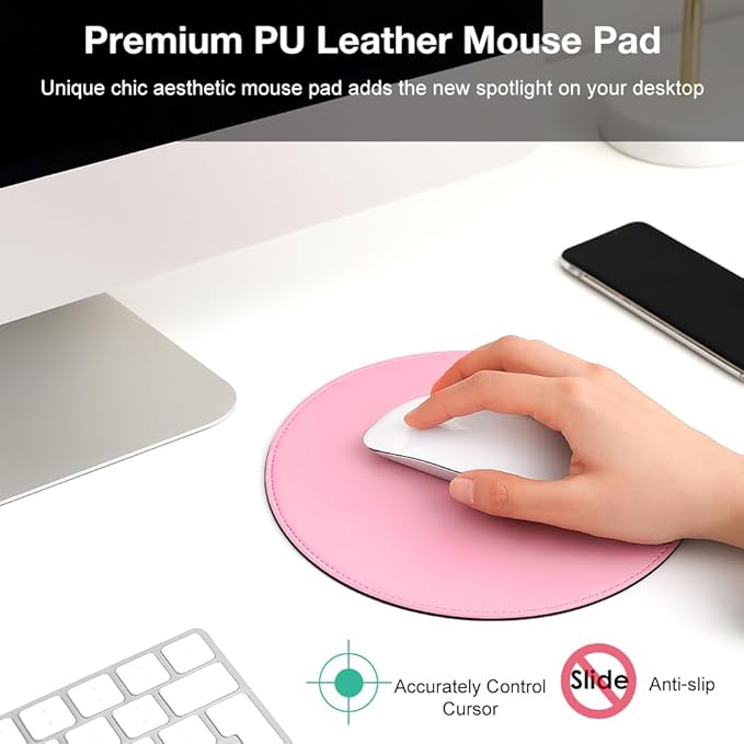 ProElife Premium Cute Round Mouse Pad Mat Waterproof PU Leather 8.66-Inch Mousepad with Anti-Skid Base Stitched Edge for Home Office Gaming Computer Laptop Accessories (Pink)