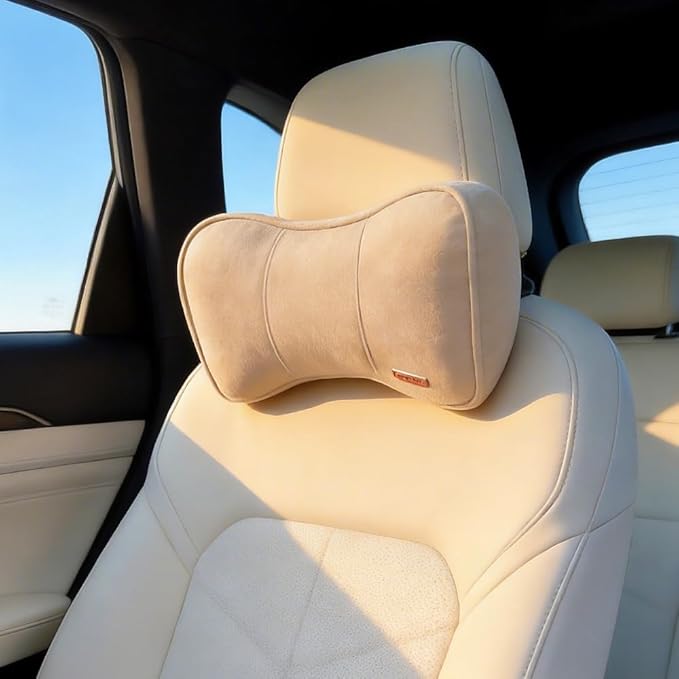 Carwales Car Neck Cushion Recliner Headrest Pillow for Office Chair Couch Memory Foam Lower Back Support Lumbar Pain Relief Ergonomic Design Extension Adjustable Strap Fits Driving Car Tan 1 Pack