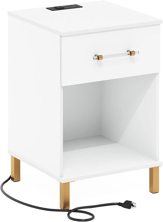 Furinno TIDUR Side Table, Modern Drawer End Table with Charging Station, Night Stand, Bedside Table with USB and Type-C Port, for Living Room, Bedroom, White