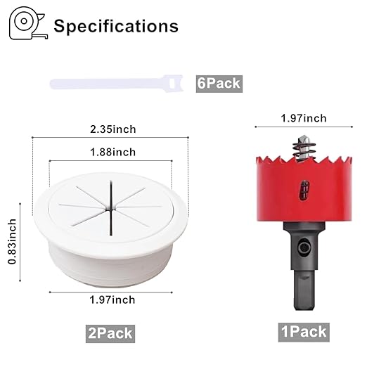 2 Pack Desk Grommet 2 Inch (50 mm) White, Desk Hole Cover for Cables, White Desk Cord Hole Cover for Office Home Table, Cable Grommet with 1 Hole Saw Drill Attachment & 6 Cable Ties